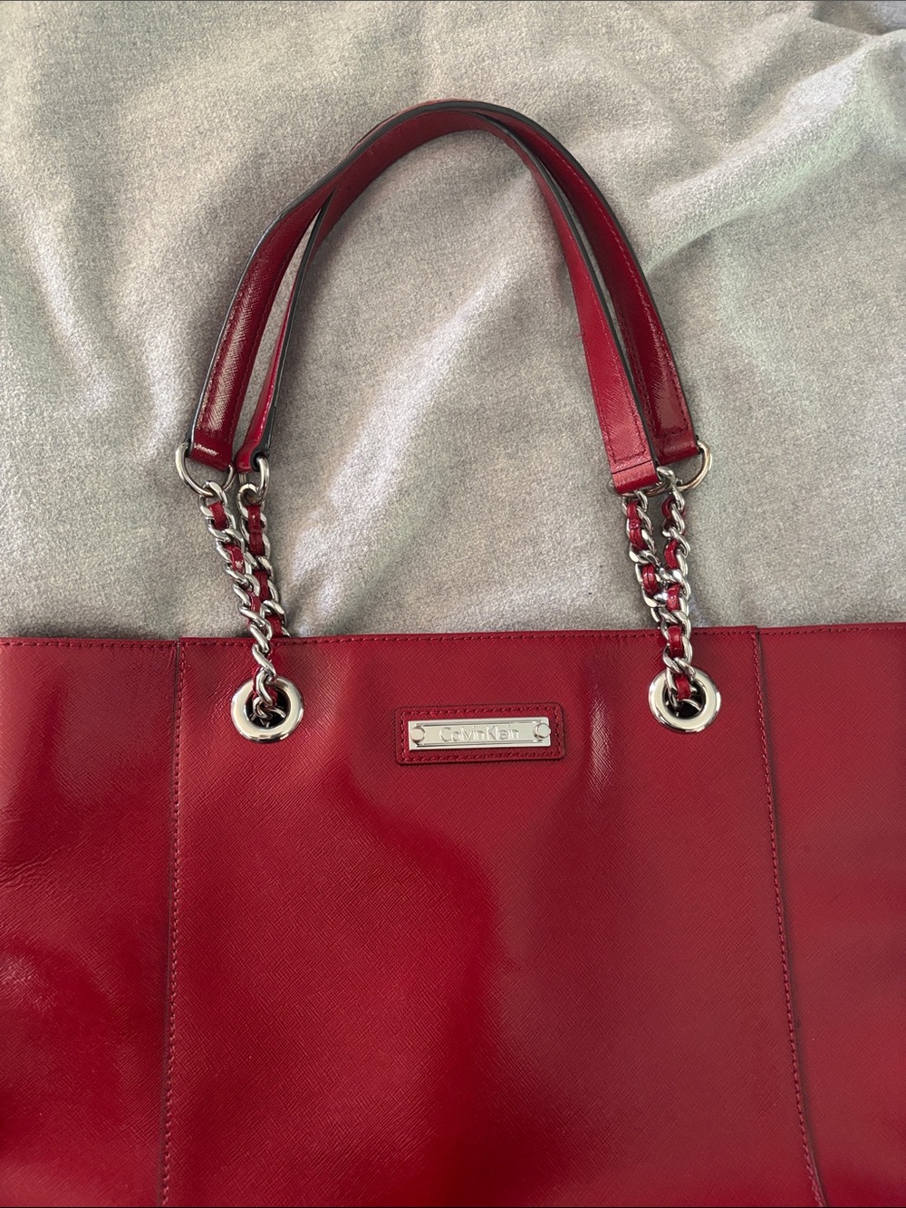 Calvin Klein Red Leather Tote Bag with Chain Handles - Unknown Brand